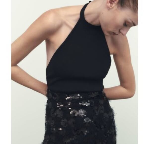 Zara Black Sequin & Faux Feather Halter Midi Dress Size Small - Picture 5 of 14